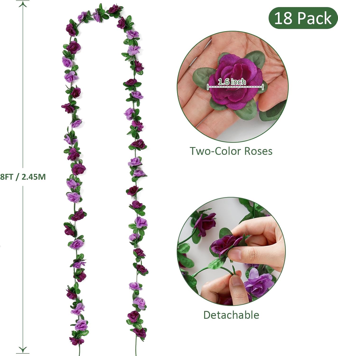 KHOYIME 18 Pack 144 FT Artificial Flower Garland, Fake Purple Roses Vines Silk Flowers Faux Plastic Outdoor Hanging Floral Ivy Garland Decoration for Wedding Arch Bedroom Home Wall Backdrop Room Decor