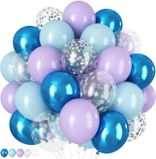 60Pcs Snowflake Balloons, Dusty Light Blue Purple Metallic Dark Blue Snowflake Clear Silver Confetti Latex Balloon for Girls Winter Wonderland Birthday Ice Baby Shower Christmas Party Decorations
