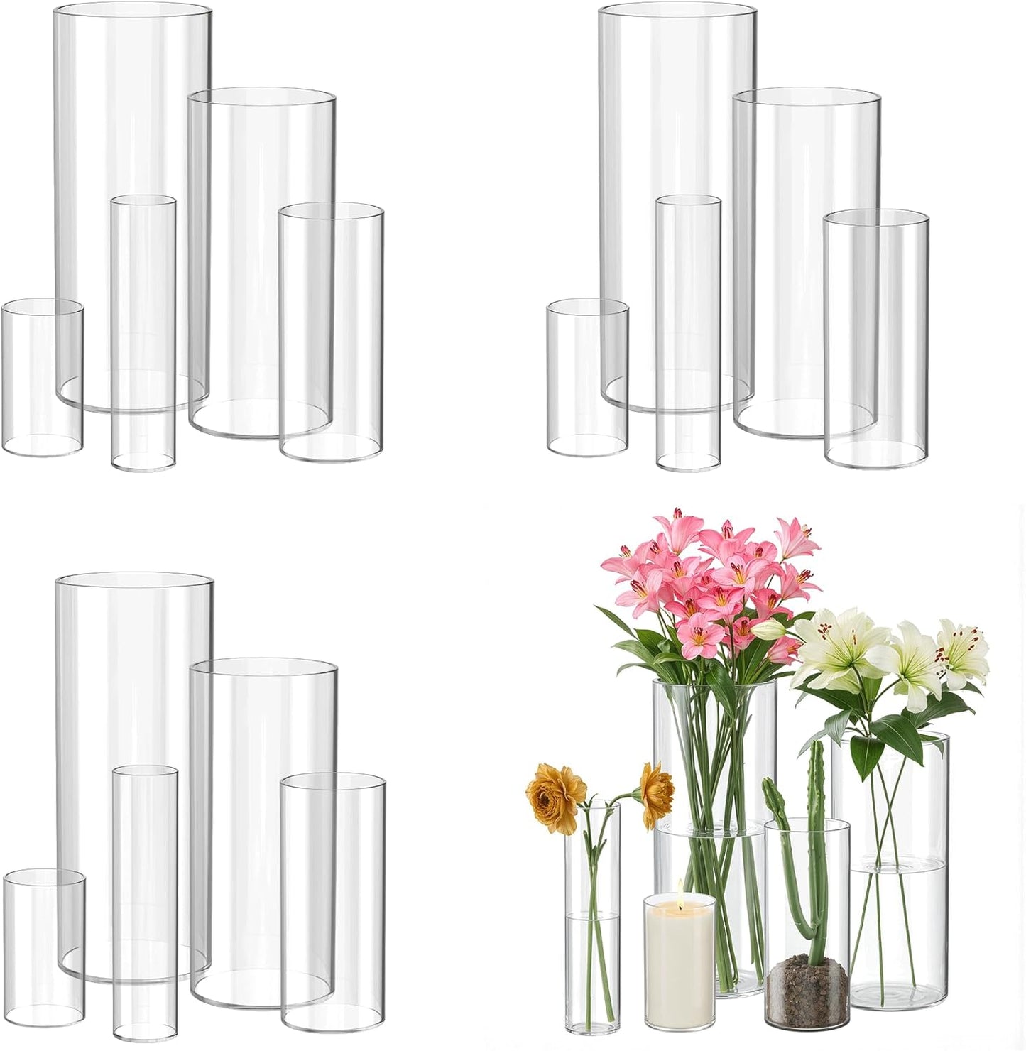 15 Pack Glass Cylinder Vase for Centerpieces, Clear Flower Glass Vases for Wedding Decorations, Hurricane Floating Candle, Holder for Table Centerpiece Wedding Home Décor