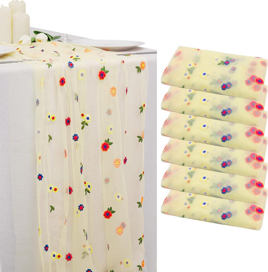 BINBE 6pcs Daisy Fall Table Runner Embroidery Gauze 10FT Florals Seasonal Tulle Holiday Birthday Kitchen Dining Table Decor for Home Party Yellow