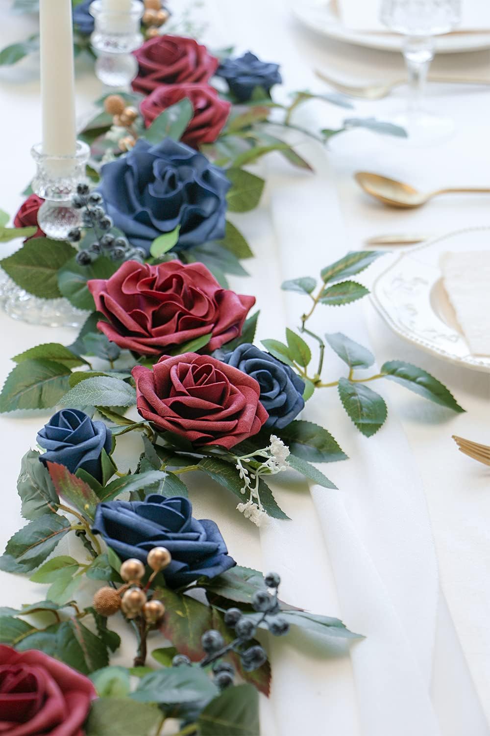 PONATIA 5FT Handcrafted Artificial Rose Flower Garland, Burgundy Flower Garland for Wedding Ceremony Garlands Backdrop Arch Flowers, Ceremony Reception Table Decorations (Burgundy & Navy)