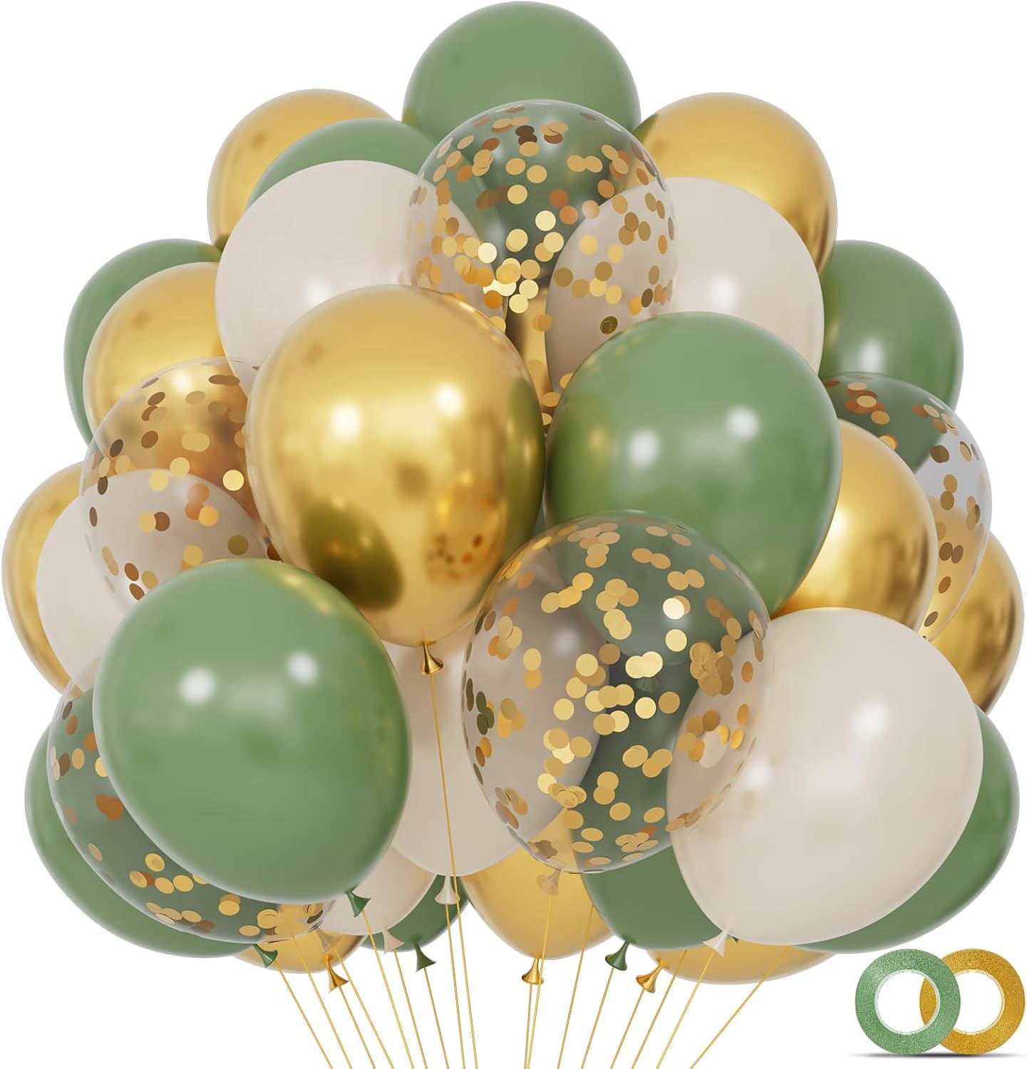 68Pcs Balloons Kit 12 Inch, Sage Green Balloon Sand White Metallic Gold Balloon Confetti with Ribbons, Party Balloons for Baby Bridal Shower Wedding Birthday Decorations.