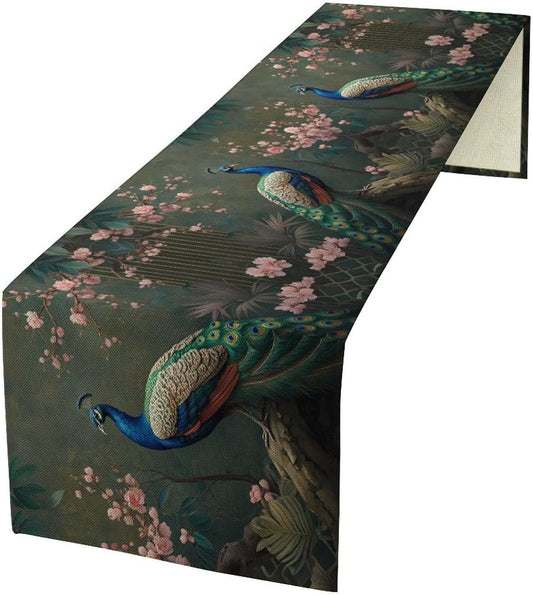 Peacock Table Runner,Vintage Aesthetic Peacock Birds Table Runner for Home Kitchen Dining Party Indoor Outdoor Decoration 13x90 Inch