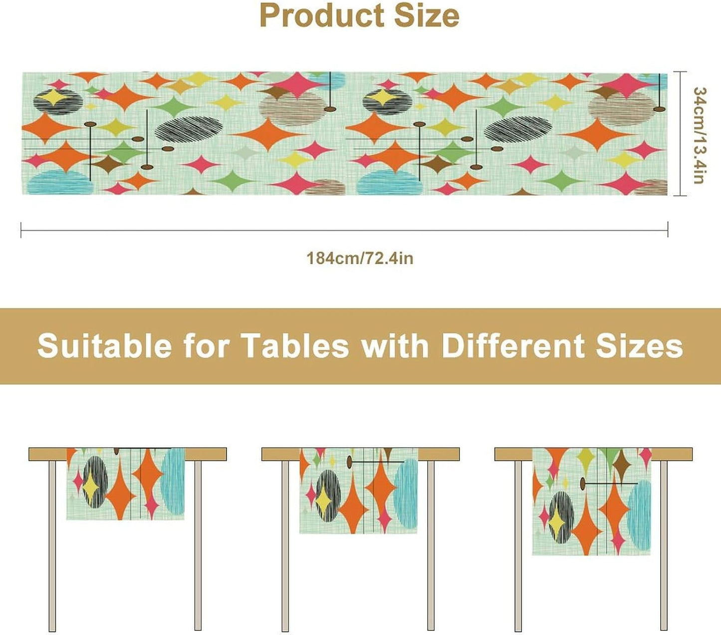 Mid Century Table Runner,Abstract Retro Modern Geometric Colorful Stripe Pattern Print Tablecloth Burlap for Hotel Indoors Outdoor Dining Room Kitchen Holiday Party, 13x70in