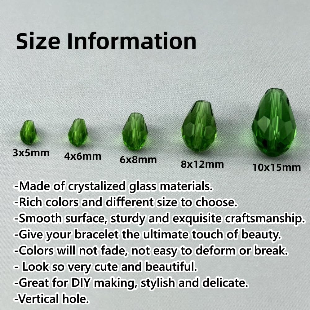 200pcs 3x5mm Teardrop Crystal Glass Beads for Jewelry Making, Faceted Vertical Hole Teardrop Glass Spacer Beads for Wind Chimes Bracelet Earring Necklace DIY Craft(Grass Green)