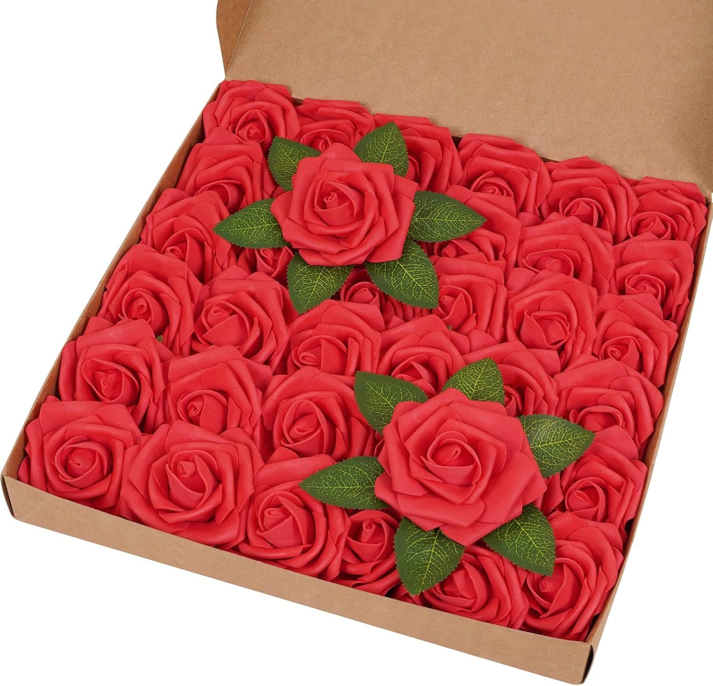 BLEUM CADE 36Pcs Artificial Flowers Fake Roses with Stems, Red Boxed Foam Roses for DIY Bouquets Centerpieces Wedding Party Arrangement Bridal Shower Decor