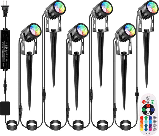 Outdoor Landscape Lighting, 6 Pack RGB Outdoor Spot Lights with Transformers and Remote, 12V Low Voltage Color Changing Landscape Lights IP65 Waterproof Plug in Outdoor Uplights for Yard House Tree
