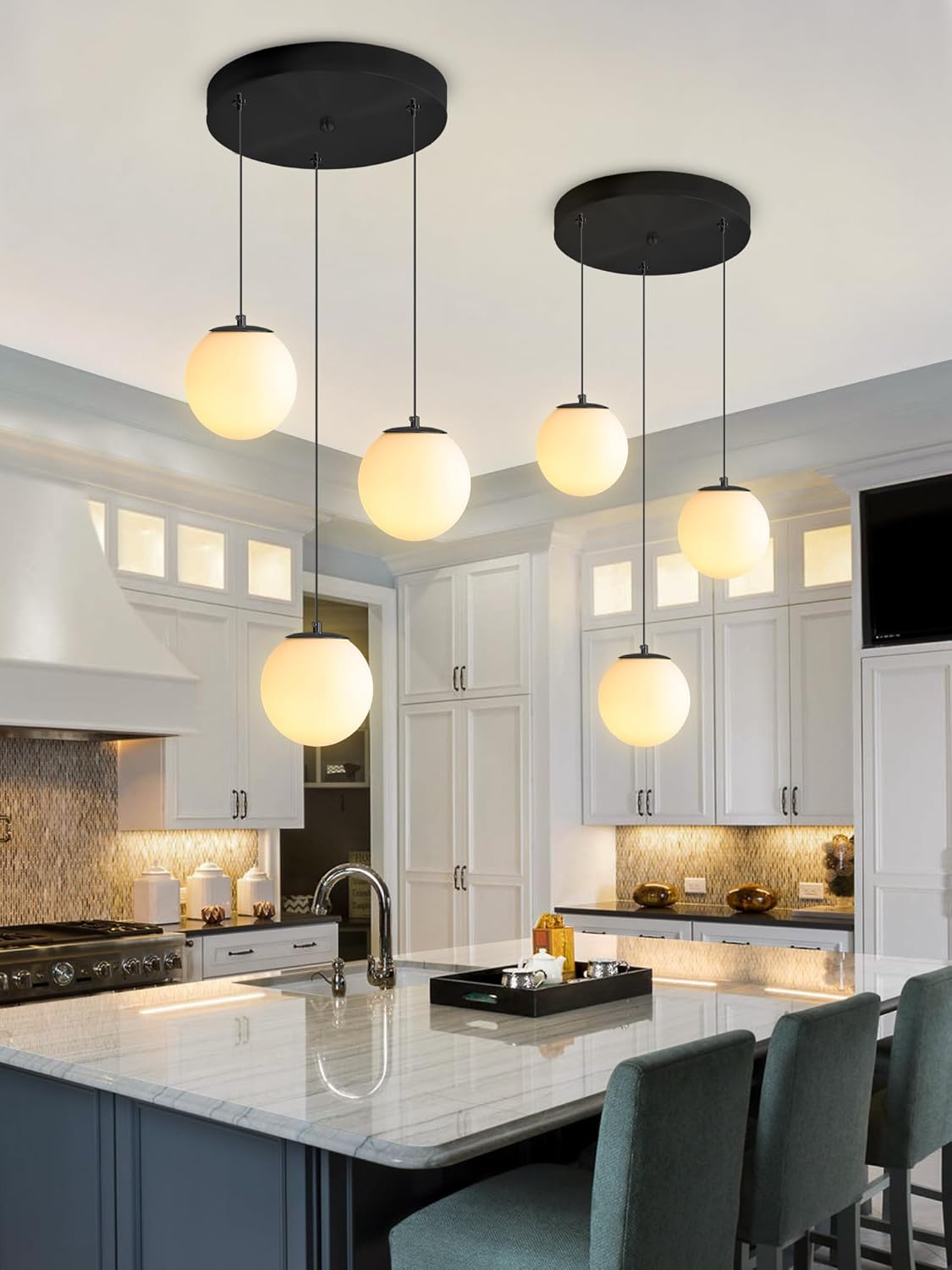 3-Lights Globe Glass Pendant Light Modern White Globe Glass Chandelier Mid Century Chandelier Black Hanging Fixture for Kitchen Island Foyer Hallway Dining Room