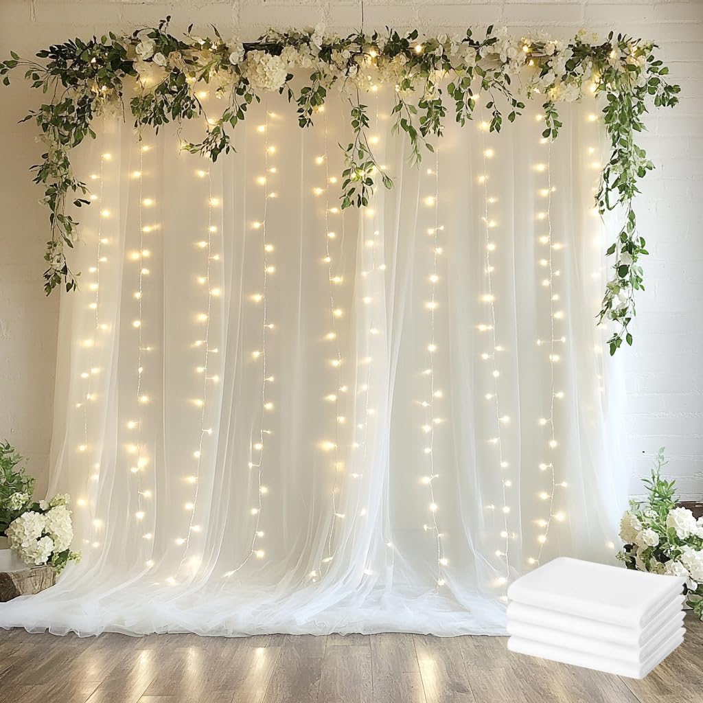 Tulle Backdrop Curtain with Lights String 20 X 10FT Ivory Sheer Tulle Backdrop Curtains for Wedding Birthday Party Reception Photo Booth Background Decorations (4 Panels 5x10FT)