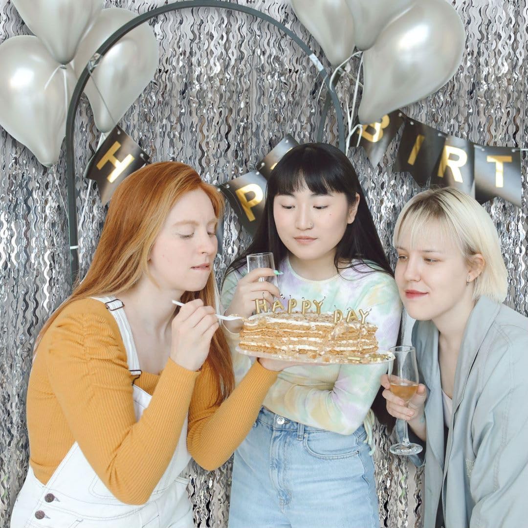 Silver Birthday Party Decorations 10pcs Silver Streamers Foil Fringe Backdrop Curtains Photo Booth Props Prom Decorations for Bachelorette, Engagement, Disco Party, Graduation,Wedding, Anniversary