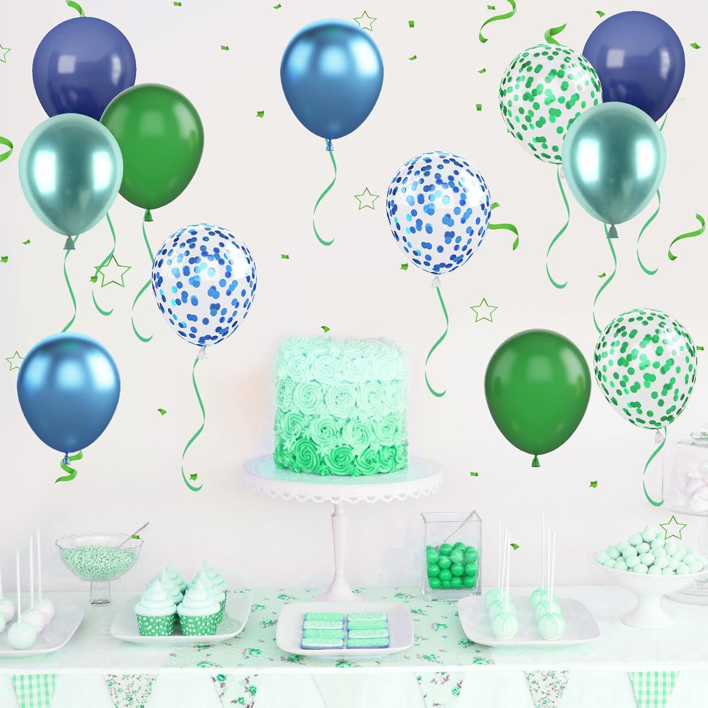 Blue and Green Balloon Set, 12 Inch Navy Blue Dark Green Balloons Metallic Chrome Ballons, Confetti Green Blue Balloons for Jungle Safari Theme Boys Birthday Party Decorations
