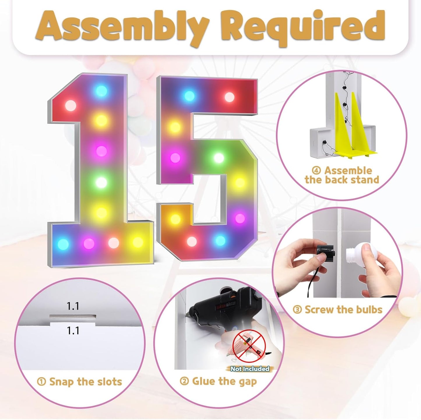 Marquee Numbers 15th-Birthday Decoration: Colorful 4FT Large Light Up Quinceanera Birthday Decorations Anniversary Backdrop for Boys Girls Cardboard Sign 18 Colors Number 15 Mosaic Balloon Frame