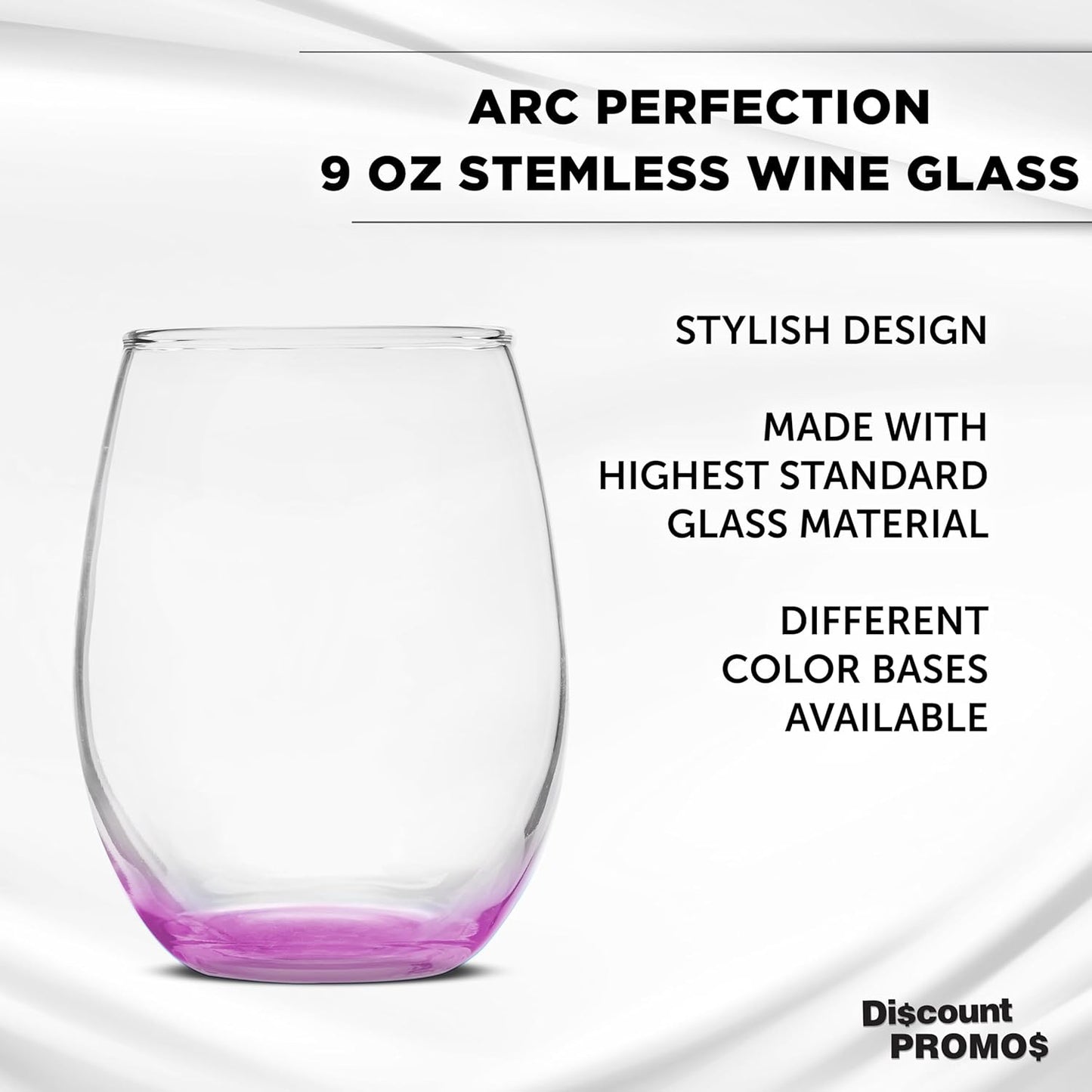 DISCOUNT PROMOS Stemless Wine Glass 9 oz. Set of 10, Bulk Pack - Great for Wedding Favors, Bachelorette Party and More - Pink Bottom Color