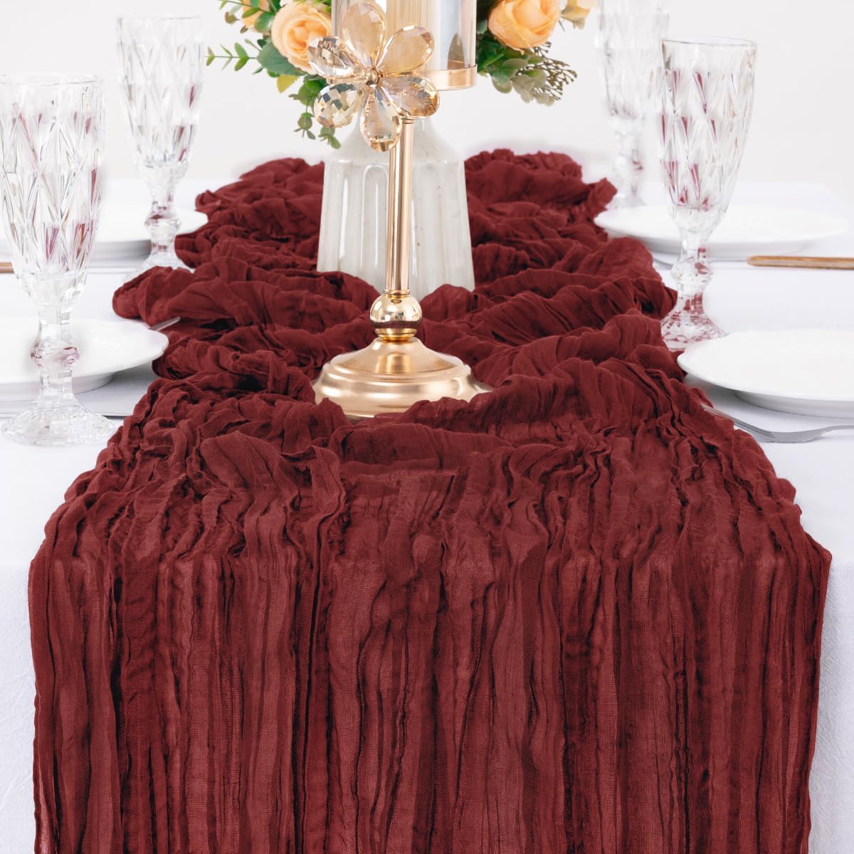 MLMW 10 Pack Christmas Table Runner Cheesecloth Burgundy Boho Cheese Cloth 160 inch Gauze Rustic Sheer Table Runner 13.3ft for Party Wedding Baby Bridal Shower Birthday
