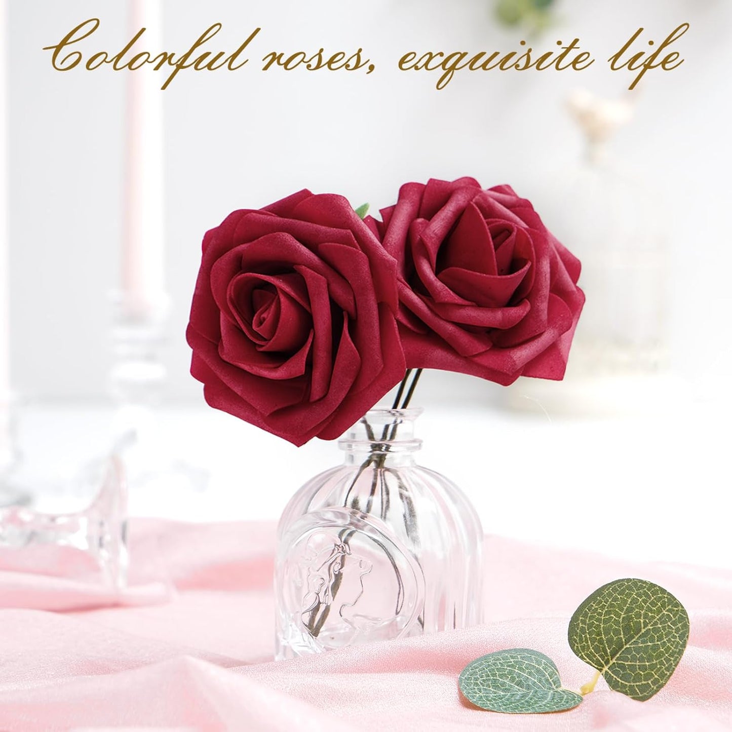 BLEUM CADE 16Pcs Artificial Flowers Fake Roses with Stems, Burgundy Boxed Foam Roses for DIY Bouquets Centerpieces Wedding Party Arrangement Bridal Shower Decor