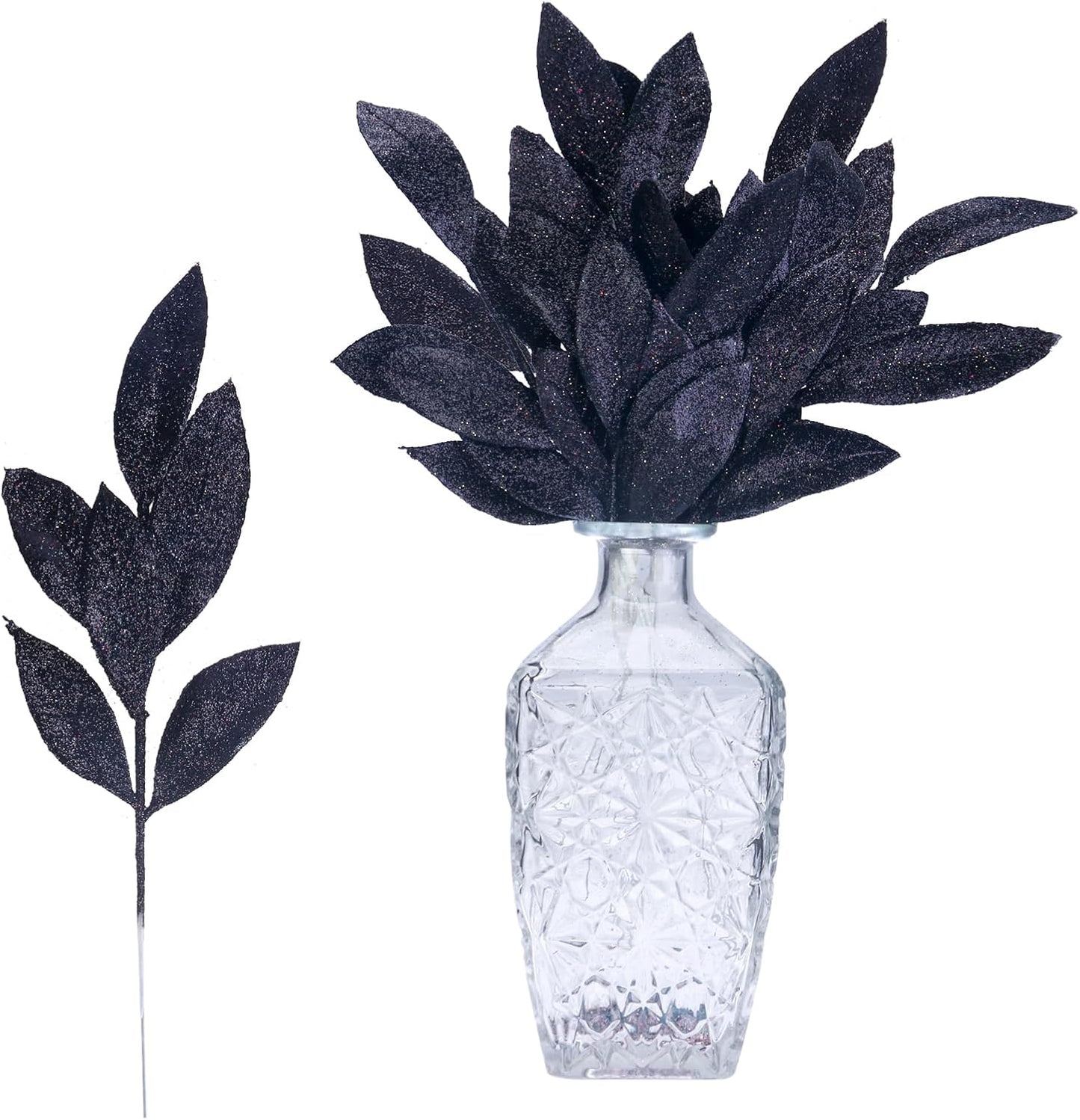 GREENTIME 12 Pack Artificial Black Glitter Leaves 13" Fake Decorative Glitter Sticks for Vase Christmas Tree DIY Wreath Crafts Fireplace Halloween Decor