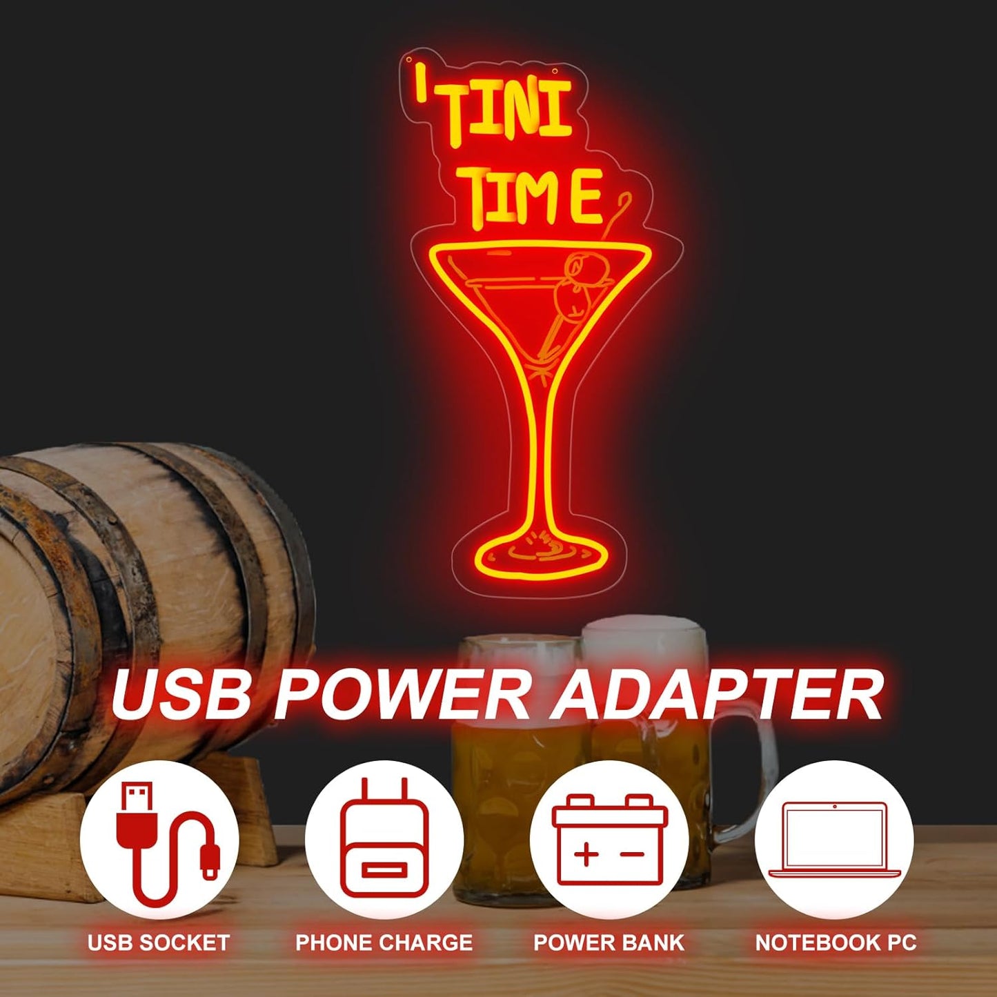 Tini Time LED Neon Sign, Martini Neon Sign for Bars, Elegant Cocktail Glass Neon, Martini Cocktail Bar Wall Decor, Bar Wall Art, Pub neon, 16.5"x8.7", Red