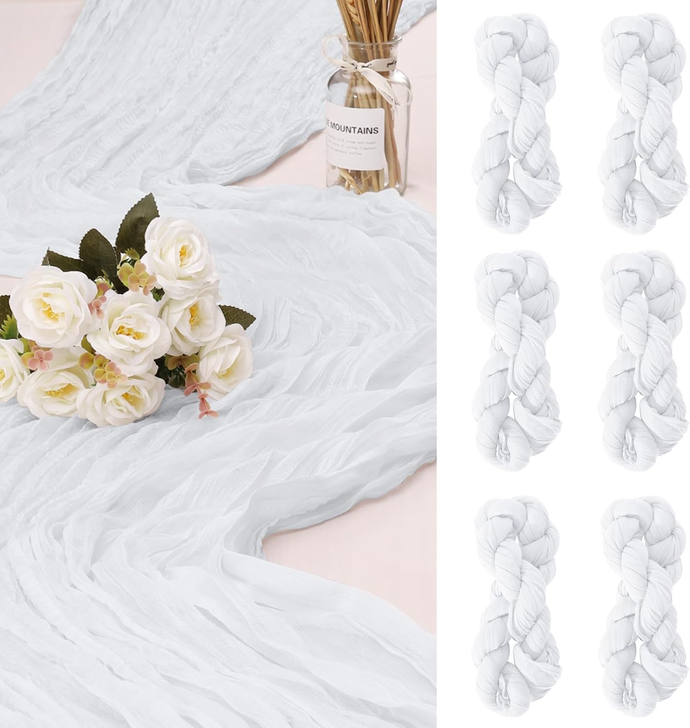 6 Pack Cheesecloth Table Runner 10Ft Christmas Gauze Boho Table Runners for Wedding Decor Bridal Shower Decorations Baby Shower Party(35" x 120")