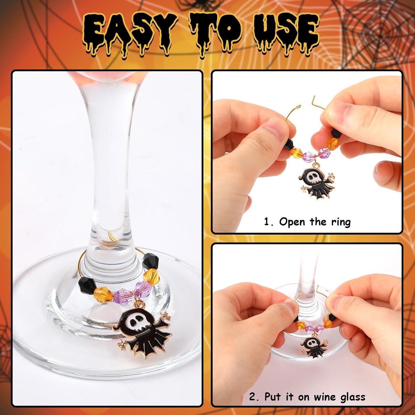 SANNIX 24Pcs Halloween Wine Charms, Wine Charms for Stem Glasses, Glass Identifiers for Halloween Party Holiday Decorations