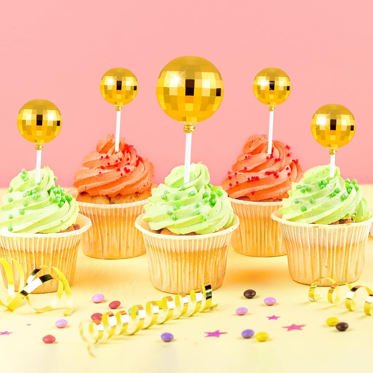ASTARON 20 Pcs Disco Ball Cake Topper Decorations Sticks Gold Cake Balls Picks Toppers for Birthday Anniversary Disco Retired Theme Party Decorations