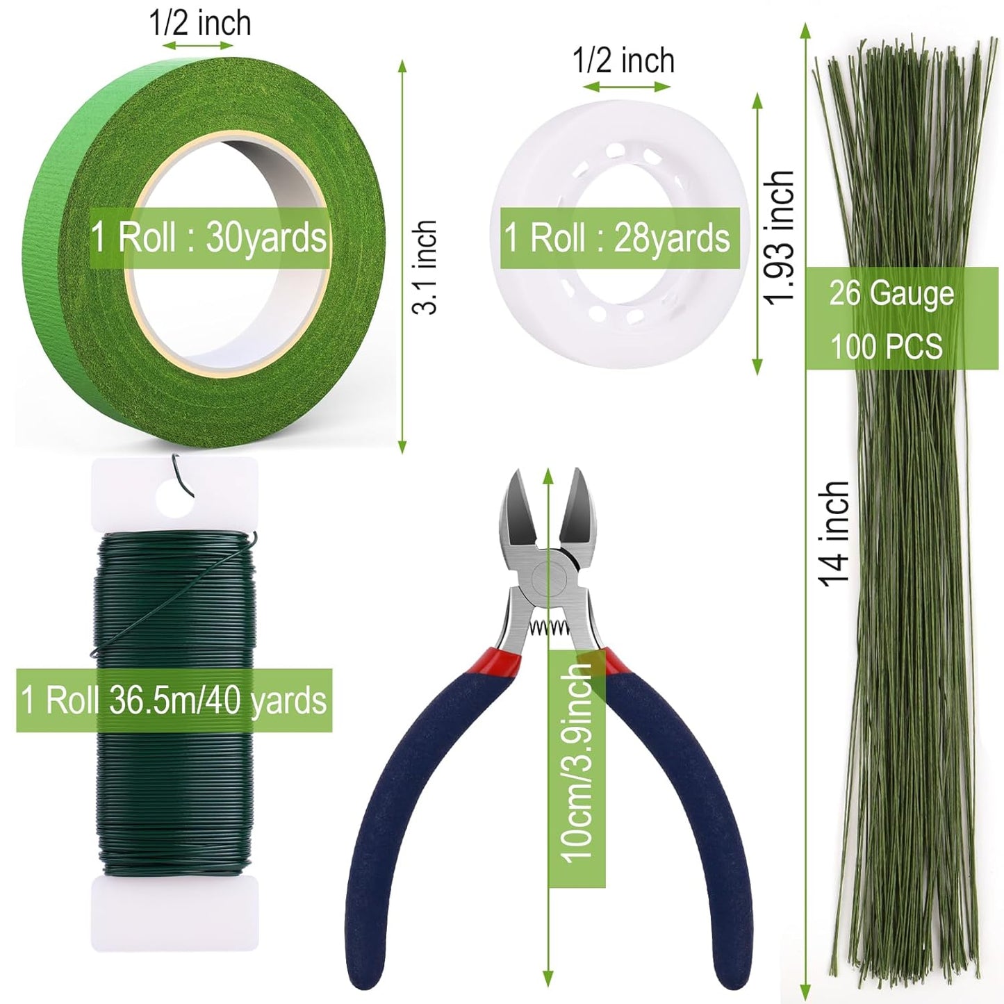 GLAMFIELDS Floral Arrangement Kit with Cutter, 5 Rolls 1/2" Wide Floral Tapes, 100 pcs 26 Gauge Floral Stem Wire, 1 Roll 22 Gauge Floral Wire for Bouquet Stem Wrapping and Floral Crafts