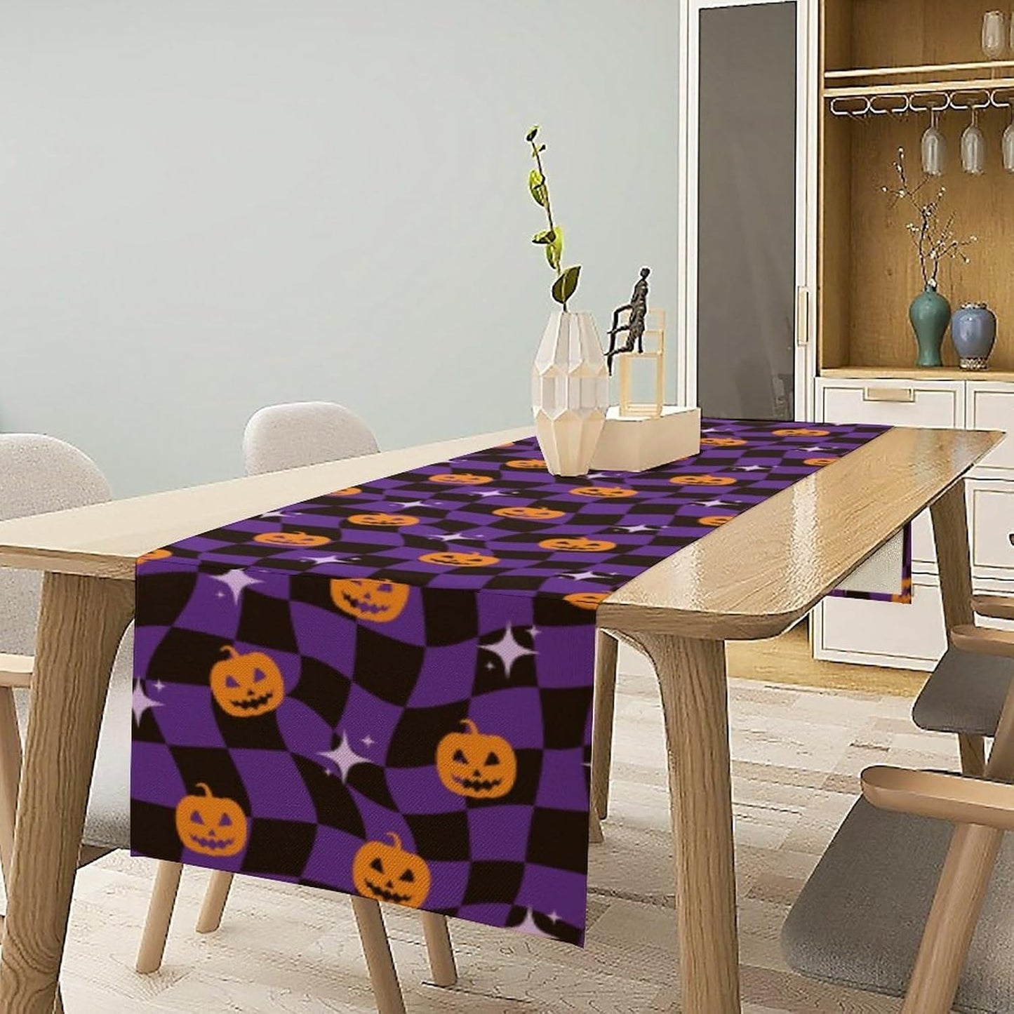 Halloween Table Runner,Purple Checkered Pumpkin Table Runner for Kitchen Dining Table Decoration Home Party Decor 13x36 Inch