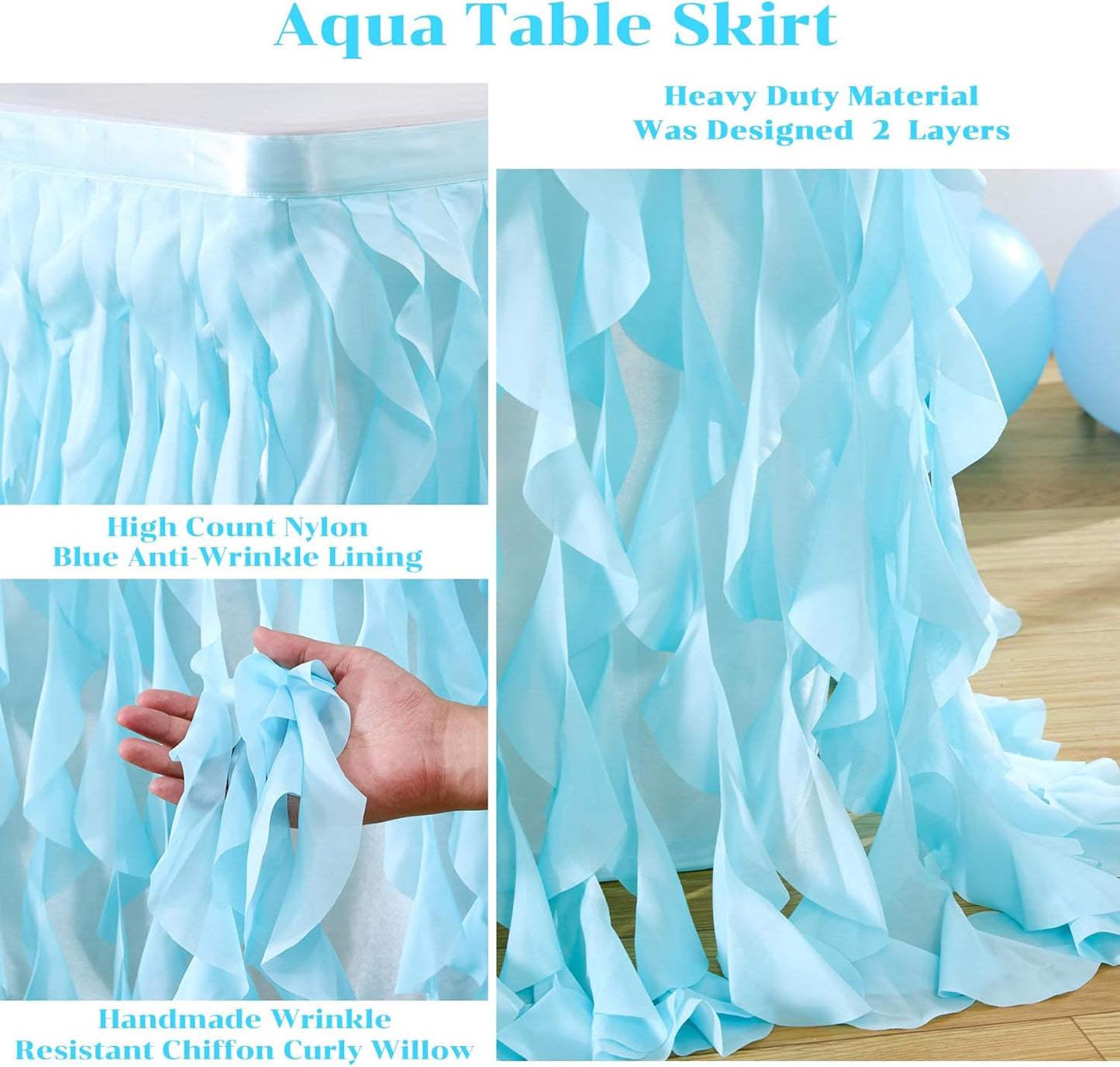 Partisky Aqua Blue Tulle Curly Willow Table Skirt for Rectangle Table 6ft, Ruffle Tutu Table Cloth for Boys Baby Shower,Birthday Party Candy Cake Tables