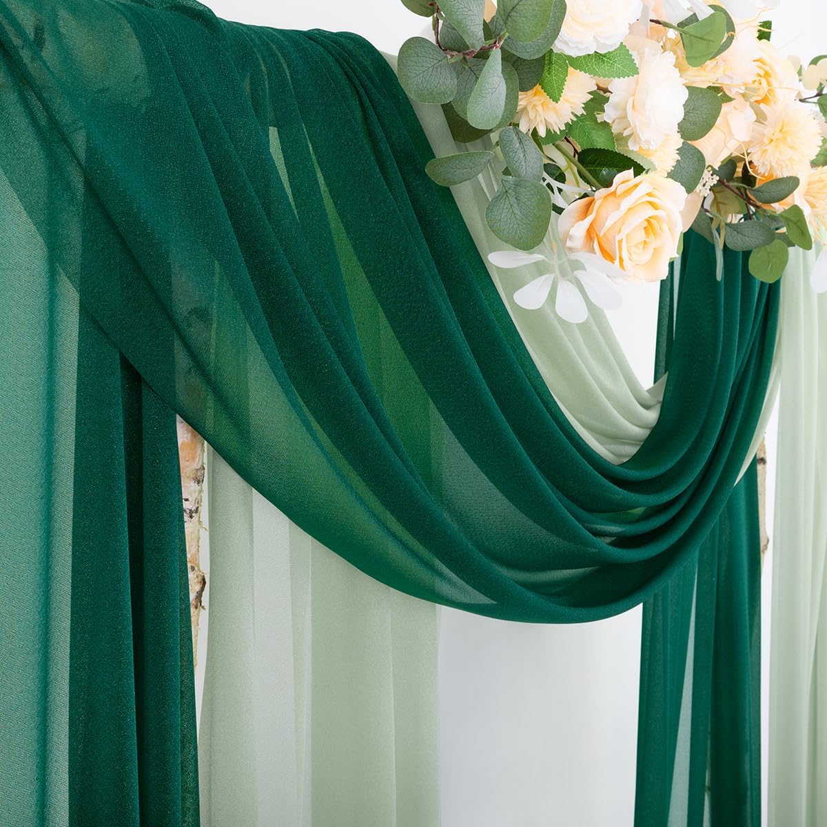 Socomi Wedding Arch Draping Fabric 29" x 20Ft 2 Panels Emerald Green and Sage Sheer Outdoor Curtain Drapes Extra Long for Bridal Baby Shower Birthday Party Decor