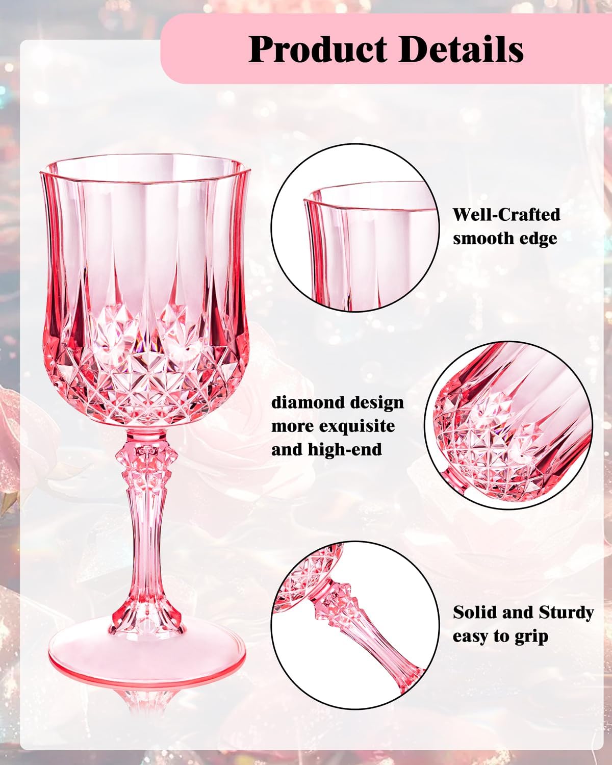 Ciaell 24PCS Pink Plastic Wine Glasses - 7 Oz Plastic Goblets for Party - Pink Vintage Drinking Glasses - Disposable Water Goblets Set for Wedding, Bar, Wine, Beer, Juice, Cocktail, Whiskey