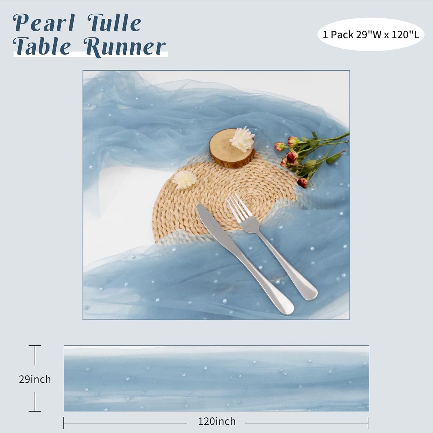 Pearl Table Runner 29 x 120 Inch Tulle Fabric Lace Table Runners Boho Rustic Tablecloth for Bridal Shower Birthday Party Wedding Arch Aisle Veil Dessert Table Decor(1 Pack, Dusty Blue)