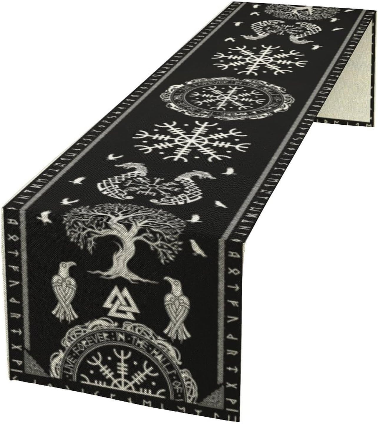 Ancient Abstract Pattern Table Runner, Tree of Life Eagle Dragon Boat Rudder Black and White Table Runner 13x36 Inch