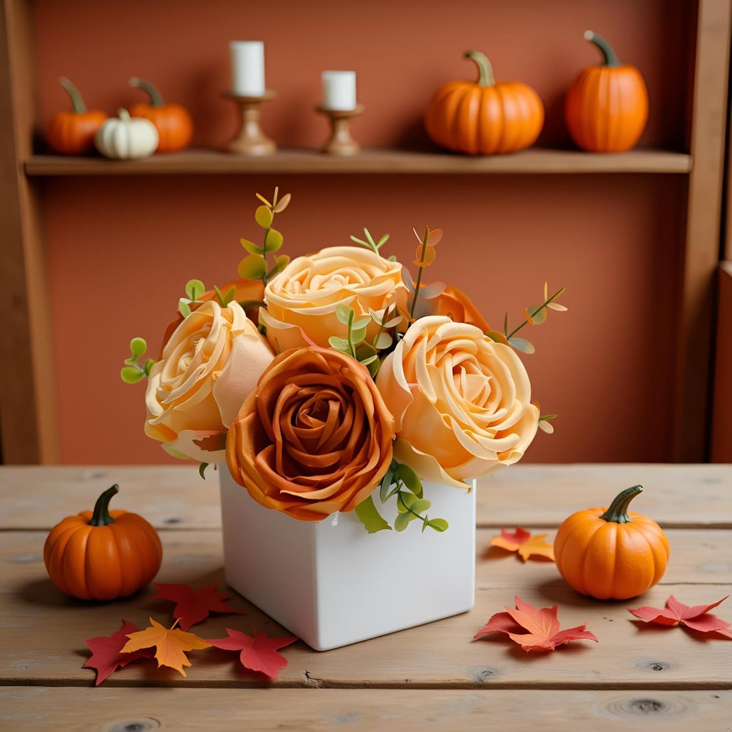 LADADA Artificial Roses in White Ceramic Vase, Orange and Cream Fake Flowers with Eucalyptus Stems, Faux Floral Arrangement for Home Decor, Table Centerpiece for Dining Table, Kitchen, Office