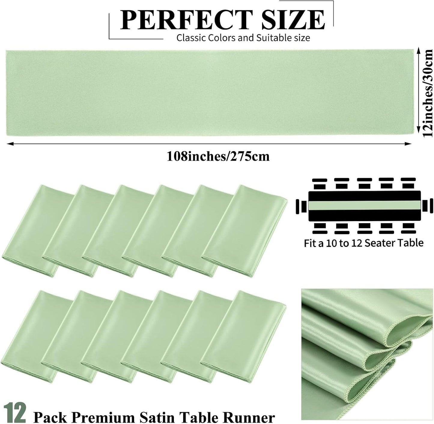 12 Pack Sage Green Satin Table Runner,12 x 108 inch Long Premium Smooth Table Runner for Wedding, Banquets, Birthday, Party, Graduation, Engagements, Table Runners fit Rectangle and Round Table