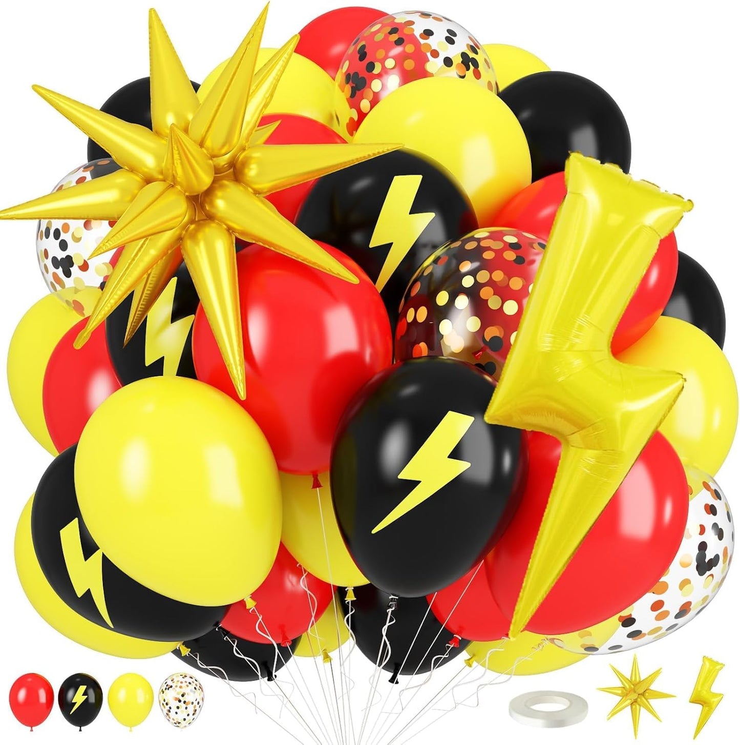 Red Yellow Black Balloons, Cartoon Theme Balloons with 36 Inch Lightning and 22 Inch Star Foil Balloon, Red Black Yellow Confetti Lightning Printed Balloon for Kids Boys Birthday Anime Party Decor