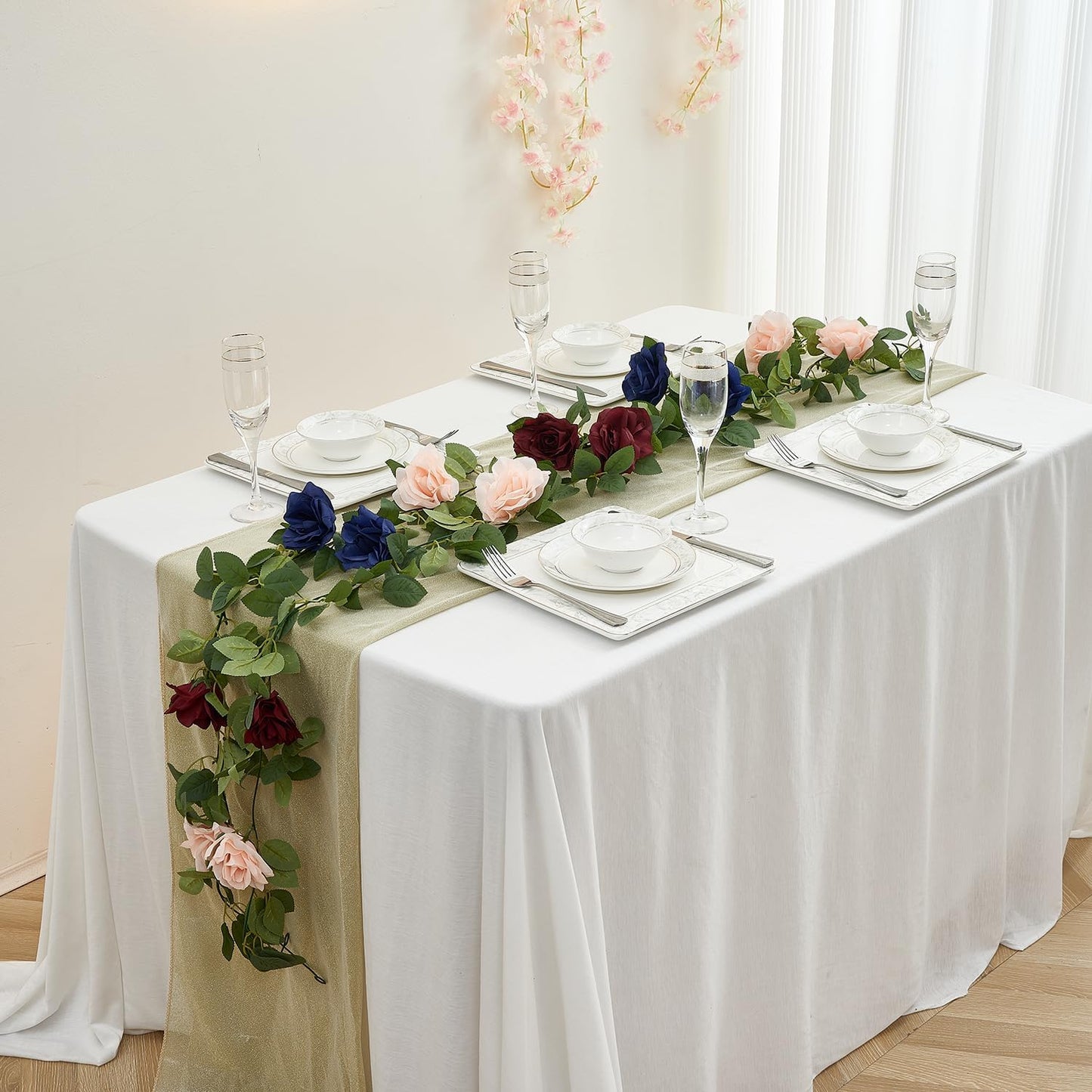 Artificial Rose Garlands Rose Vines Leaves Banners Hanging Floral Garland Fake Rose Flower Vine for Wedding Arch Ceremony Home Garden Outdoor Party Wall Decorations