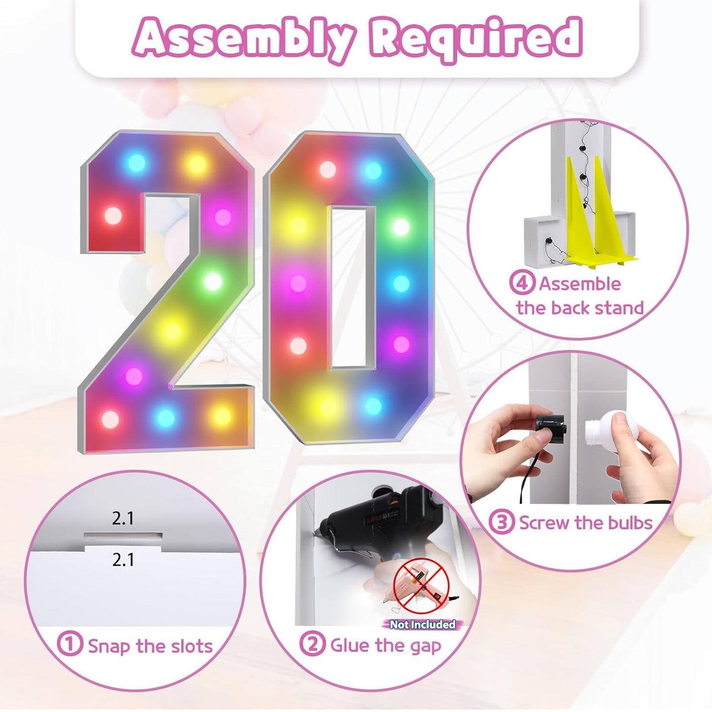 Marquee Numbers 20th-Birthday Decoration: Colorful 4FT Large Light Up 20 Year Old Birthday Decorations Anniversary Backdrop for Boys Girls Cardboard Sign 18 Colors Number 20 Mosaic Balloon Frame