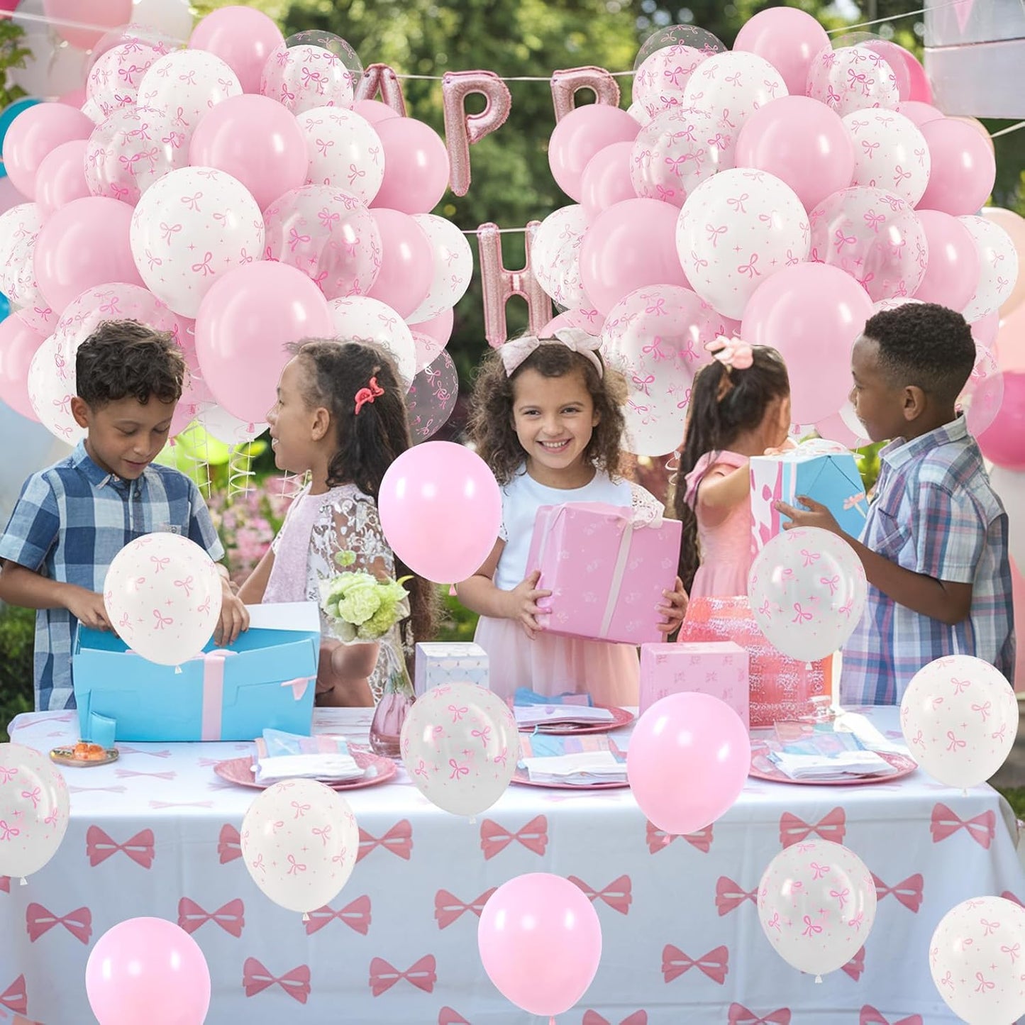 Pink Bow Balloons, 12 Inch Pastel Light Pink Transparent White Bow Print Coquette Balloon for Girls Women Birthday Bachelorette Party Bridal Baby Shower Wedding Anniversary Decorations Supplies