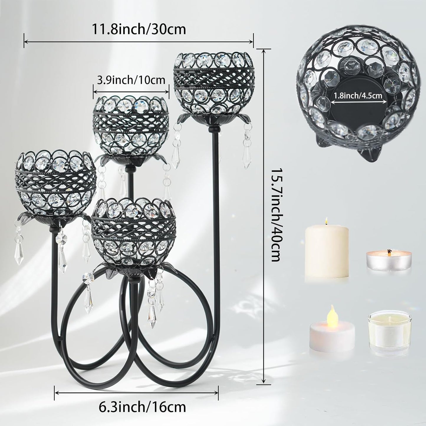 4 Arms Crystal Candelabra Tealight Holder - Tall 15.7 Inch Elegant Centerpiece with Crystal Pendant Bowls & Artistic Metal Stand for Wedding, Dining Table, Home Decor (4, Black)