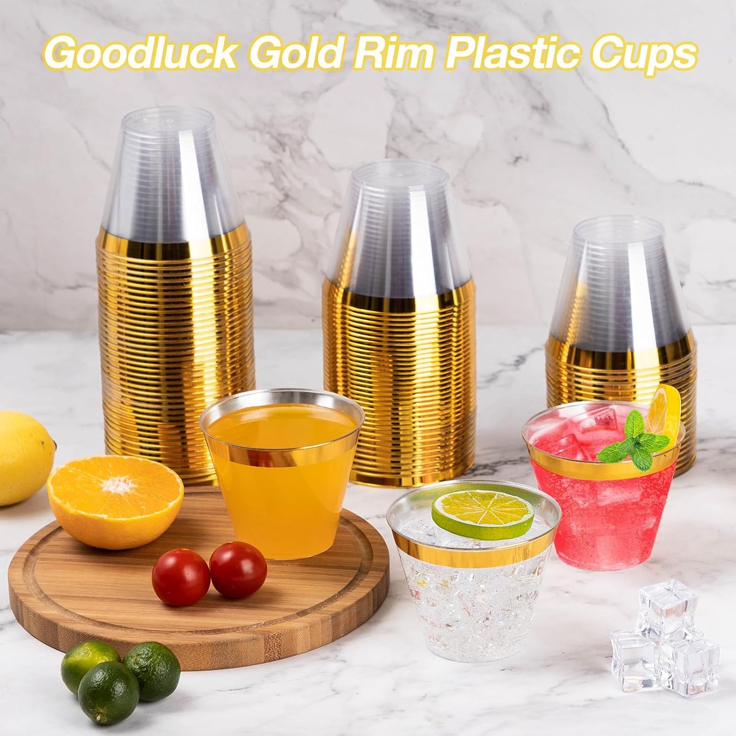 Goodluck 200PCS 9oz Gold Plastic Cups for Party, Disposable Gold Rim Cups, Plastic Cocktail Glasses for Wedding Thanksgiving, Christmas, and Parties