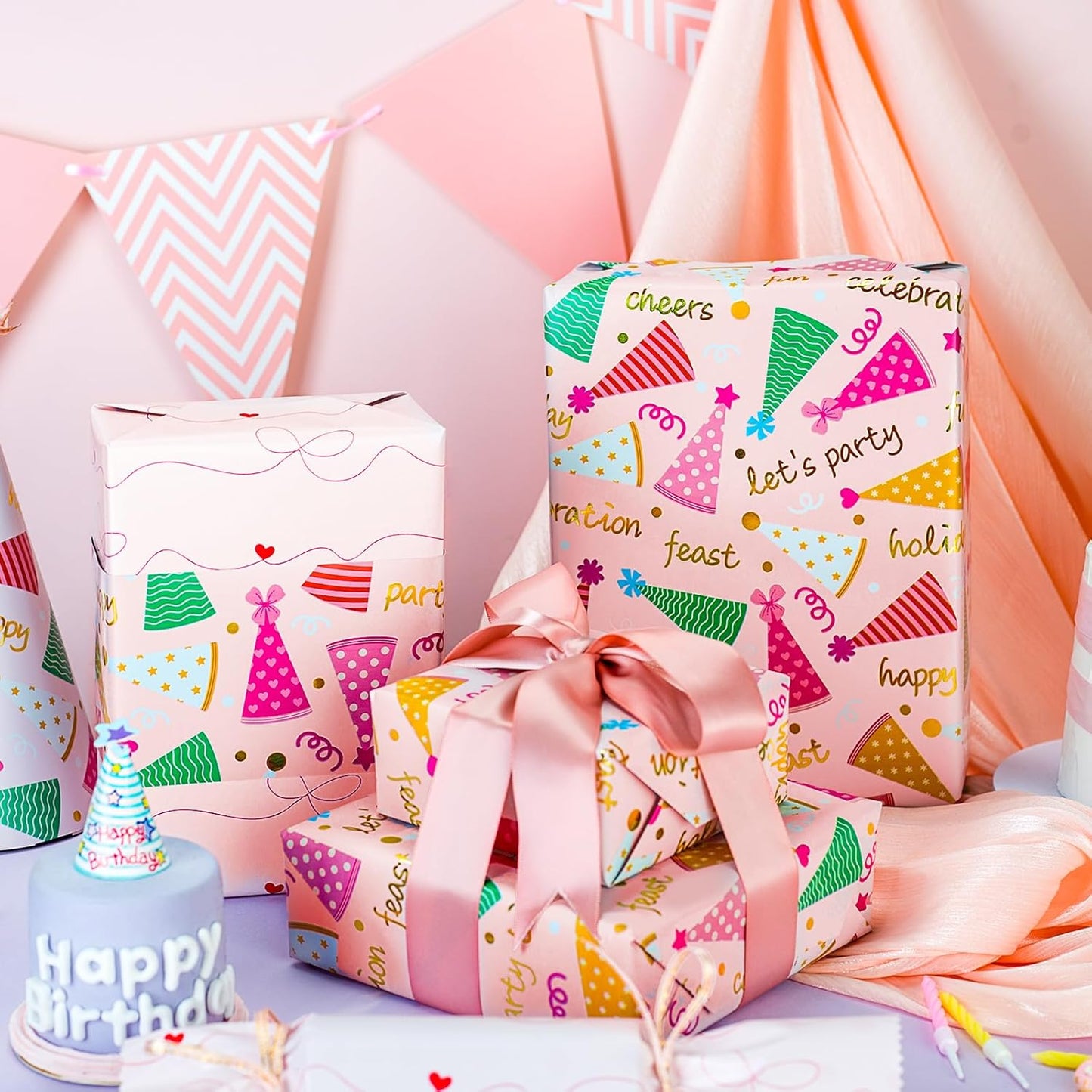 Yarcony Pink Birthday Wrapping Paper for Girl Women, Metallic Foil Girly Party Hat, Bow Design Happy Birthday Gift Wrap Paper for Kid Party, Baby Shower, Holiday (Mini Roll, 17 Inch X 33 Feet)