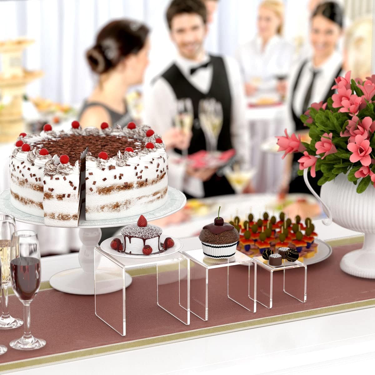 HIIMIEI Clear Acrylic Display Risers 2 Sets, 3-Tier Risers Stands Showcase for Amiibo Funko Pop Figures, Dessert, Jewelry-3"x4"x5"