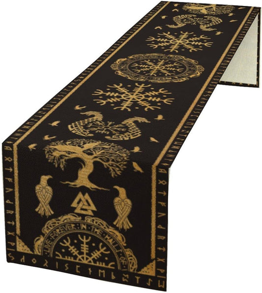 Viking Tree of Life Abstract Table Runner for Living Room Home Party Coffee Dining Party Wedding Golden Black Celtic Style Geometric Dragon Boat Rudder Ancient Script Table Runner 13x90 Inch
