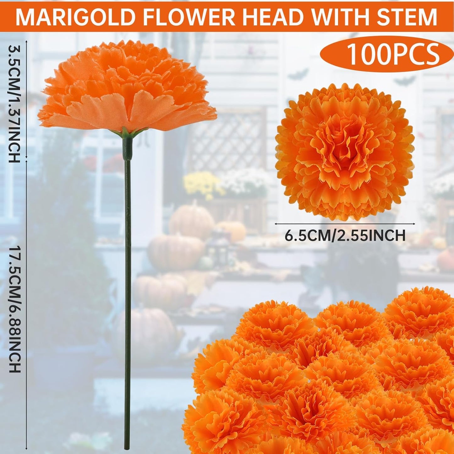 Hananona 100 Pcs Marigold Flower Heads Bulk, Silk Marigold Heads Artificial Flowers for Diwali Home Decor DIY Wreath Garland Day of The Dead Decoration (100, Orange)