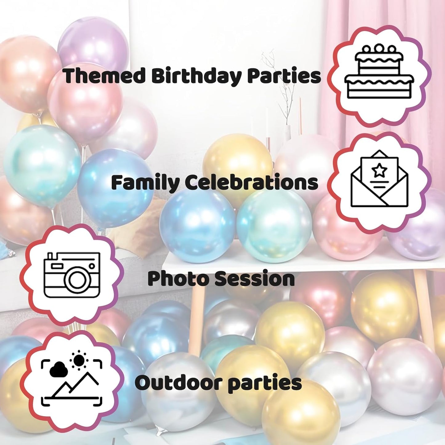 110pcs Metallic Multi Balloons, Metallic Color Latex Balloons 12 inch, Multi Balloon for Birthday Party Baby Shower Wedding(with 2 Ribbons).