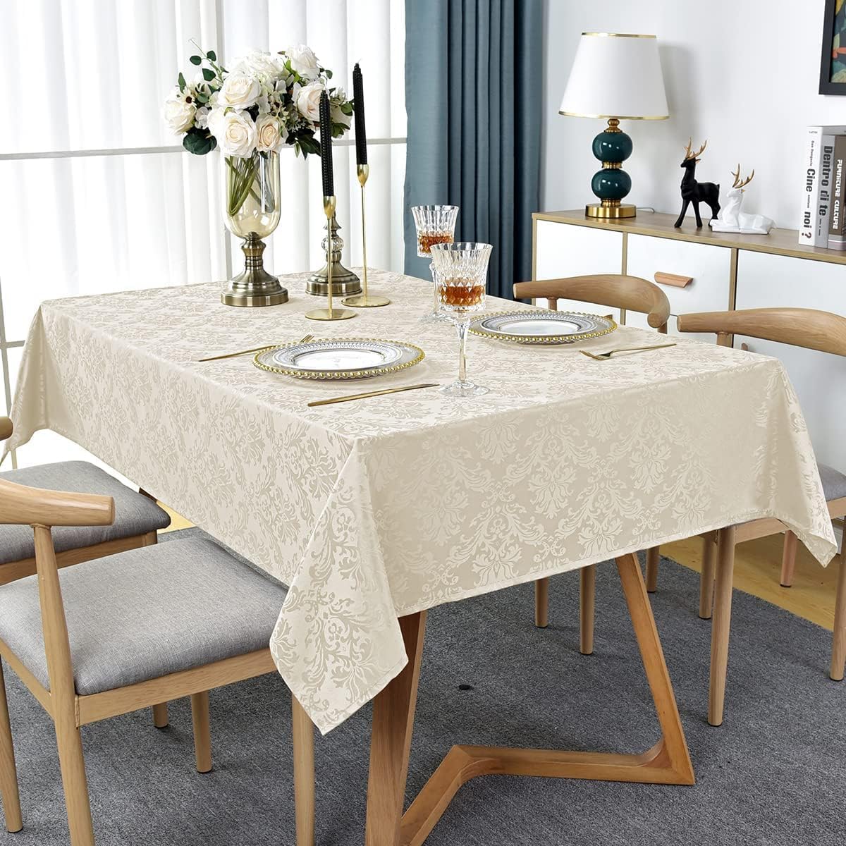 Jacquard Tablecloth Square 52 x 52 Inch Beige, Spill Proof Stain Resistant Damask Table Cloth, Washable Polyester Table Cover for Dining, Party, Indoor, Outdoor (Off White, Square)