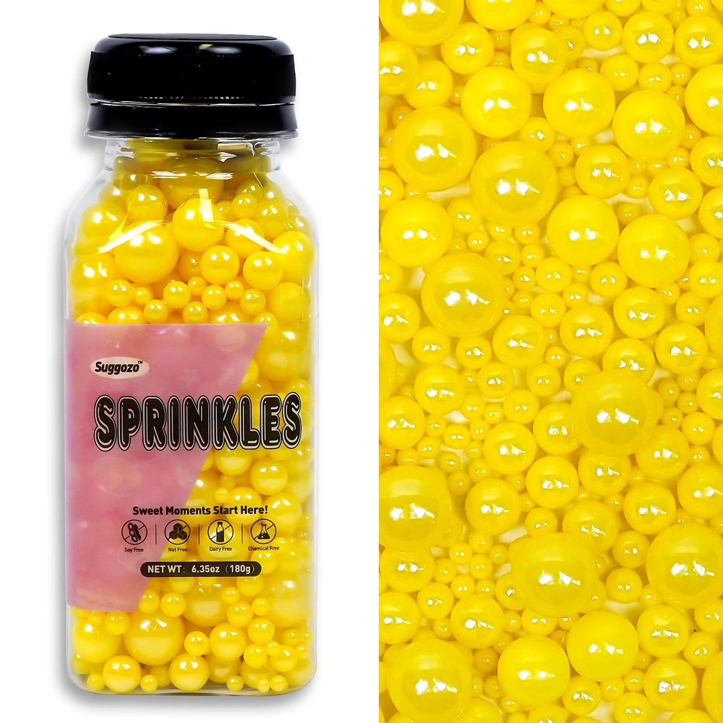 Yellow Pearl Sprinkles, Edible Sugar Pearls for Cake Decorating, 180g/6.35oz, Mix Size, Cake Decorations, Cupcake Toppers, Ice Cream Toppings, Wedding Party Supplies