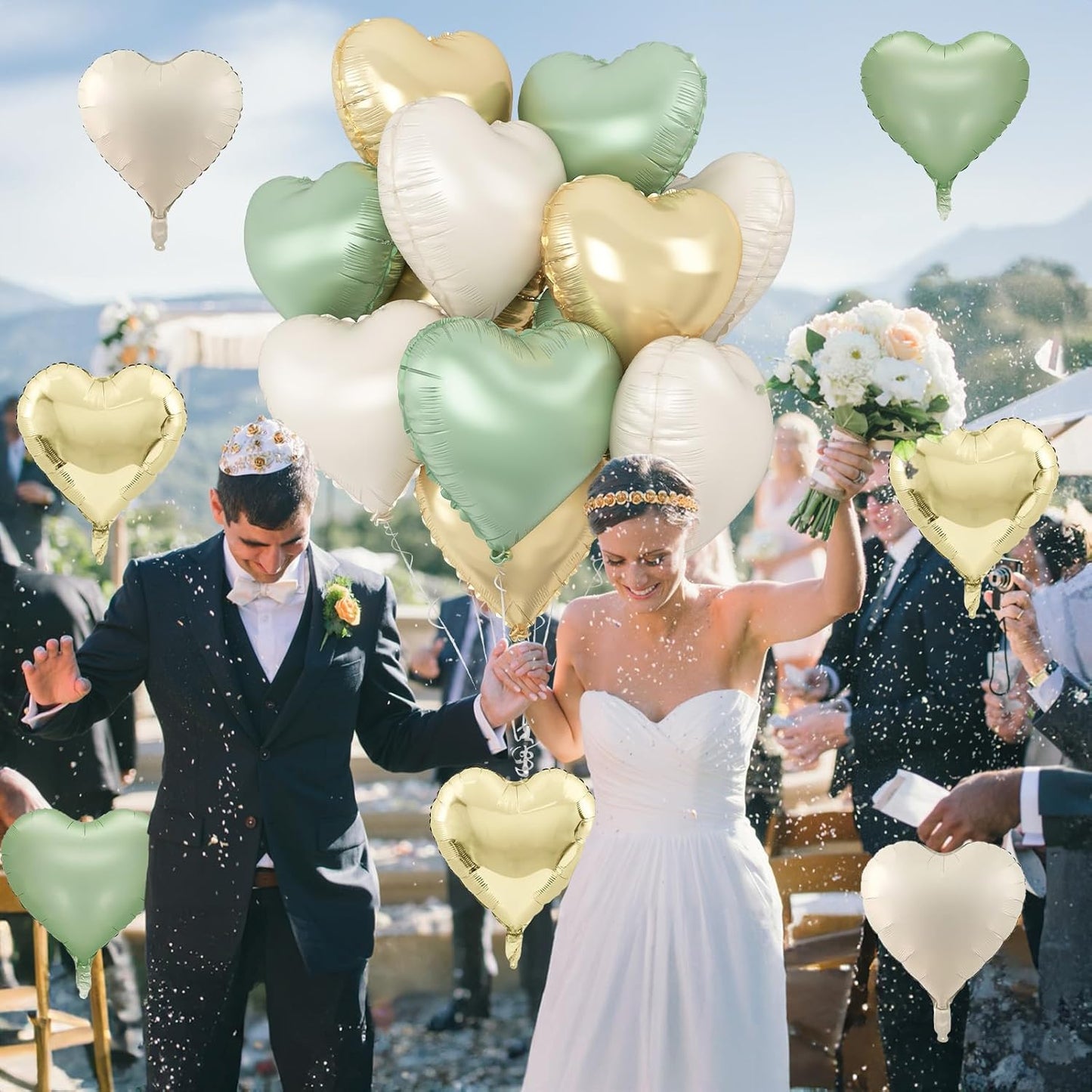 Sage Green Gold Heart Balloons, 12PCS Green Gold Heart Shaped Foil Balloons, 18Inch Green Cream White Heart Helium Foil Balloon for Jungle Woodland Birthday Wedding Baby Shower Party Decoraion