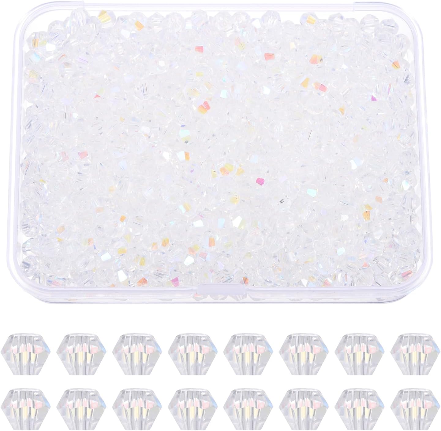 PATIKIL 1000pcs 3mm Bicone Glass Crystal Beads, Faceted Glass Spacer Beads with Box for Jewelry Making Bracelet Necklace Earrings DIY Suncatcher Craft, Colorful White AB