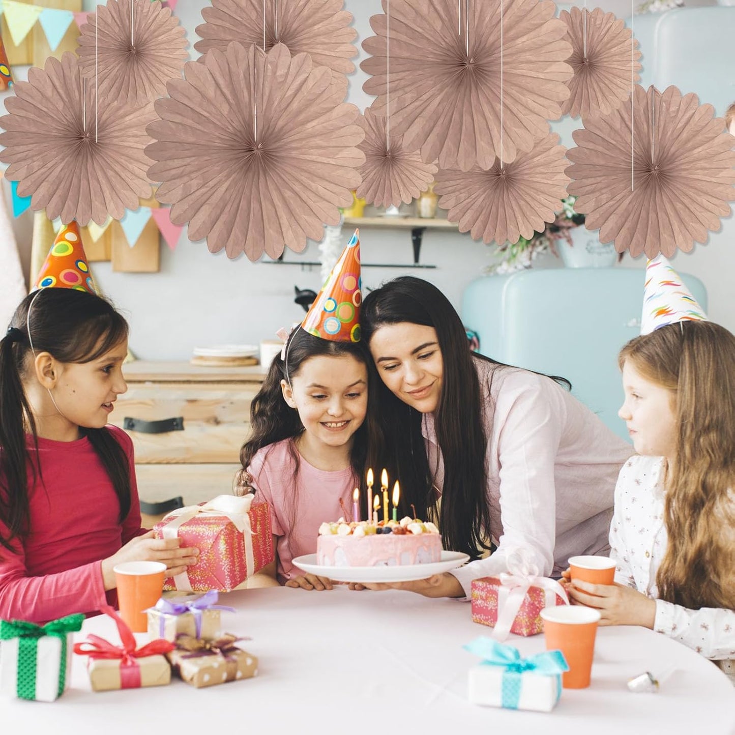 20 Pcs Brown Hanging Paper Fan, Round Paper Fans Decorations Set for Weddings, Birthdays, Engagement, Bridal Shower, Baby Shower Event, Graduation, Party Supplies Decor