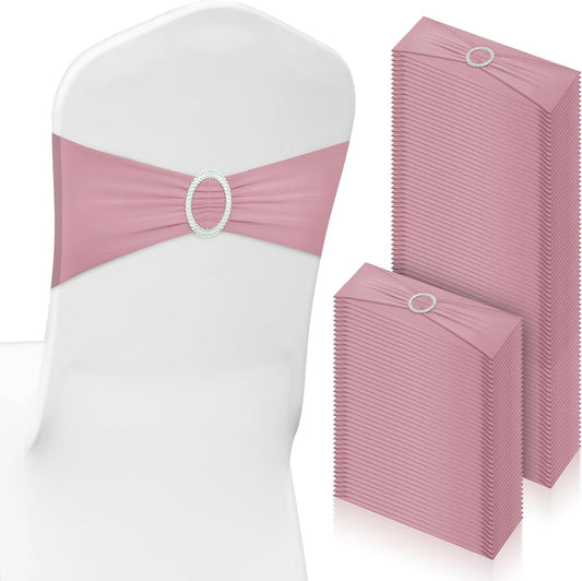 CHENGU 150 Pieces Spandex Stretch Chair Sashes Bows Elastic Chair Cover Bands Ties with Buckle Slider for Wedding Party Reception Events Universal Ceremony Banquet Decorations(Dusty Pink)